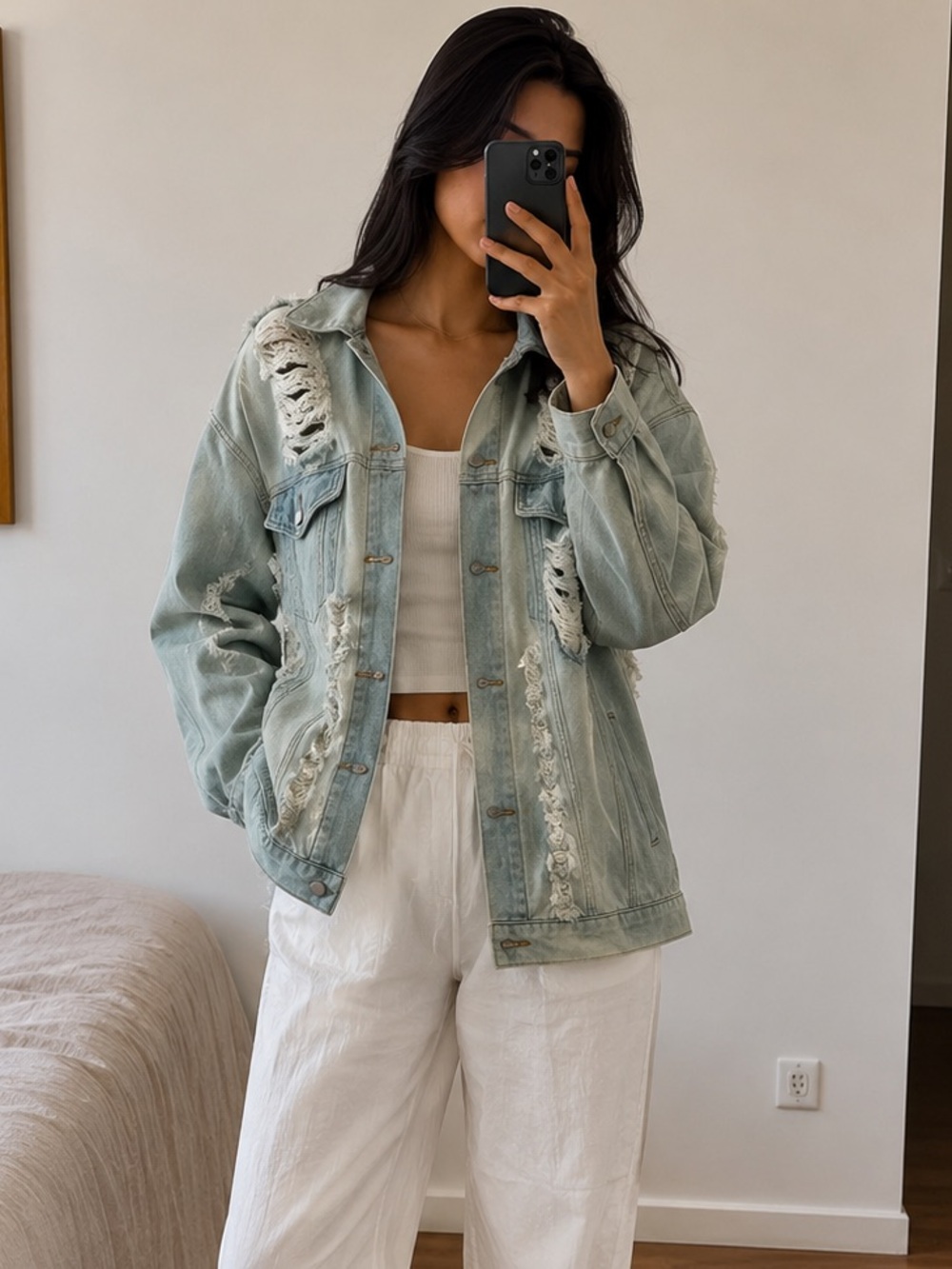 36point5 Distressed Oversized Light Wash Denim Jacket – Ripped Shoulder
